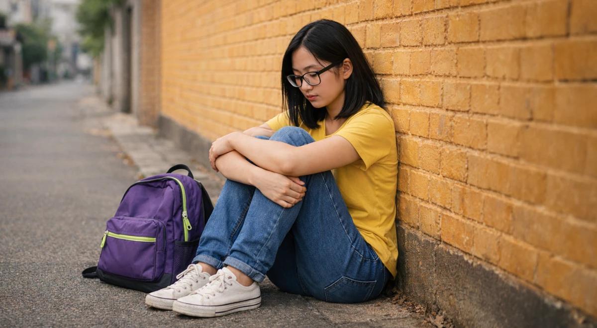 Teenage girl with glasses sitting alone against an orange brick wall outdoors, hugging her knees, with a purple backpack beside her, expressing insecurity and loneliness
