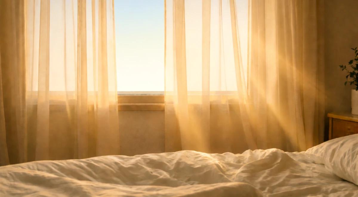 Sunlit bedroom with white unmade bed and warm golden light streaming through sheer curtains, evoking a peaceful morning routine and well being