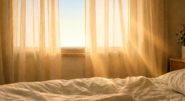 Sunlit bedroom with white unmade bed and warm golden light streaming through sheer curtains, evoking a peaceful morning routine and well being