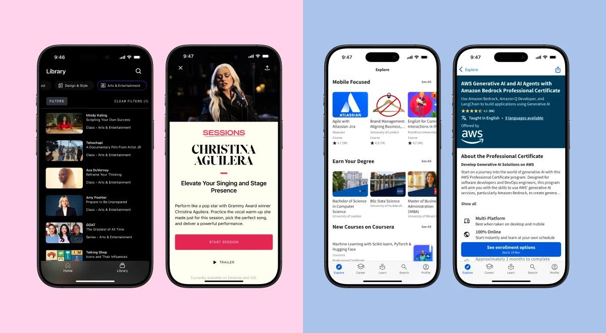 MasterClass and Coursera app screenshots side by side on pink and blue background showing course library, Christina Aguilera session, and AWS certificate in a courses comparison