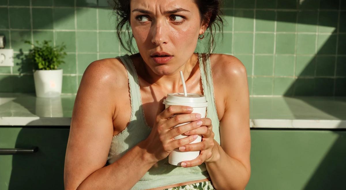 Anxious young woman in a green tank top clutching a takeaway cup with a straw, looking worried in a sunlit kitchen with green tiled walls and a potted plant in the background