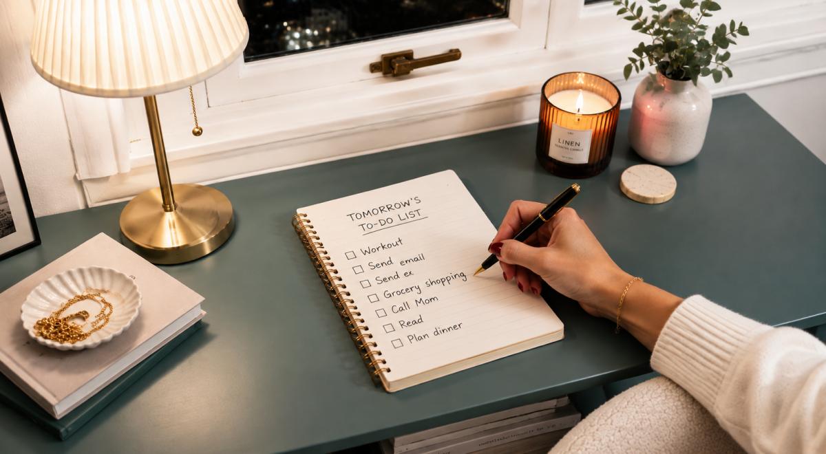 Woman writing tomorrow's to-do list in a spiral notebook at a green desk during her evening routine, beside a lit linen candle, brass lamp, eucalyptus plant and gold jewelry dish by a window