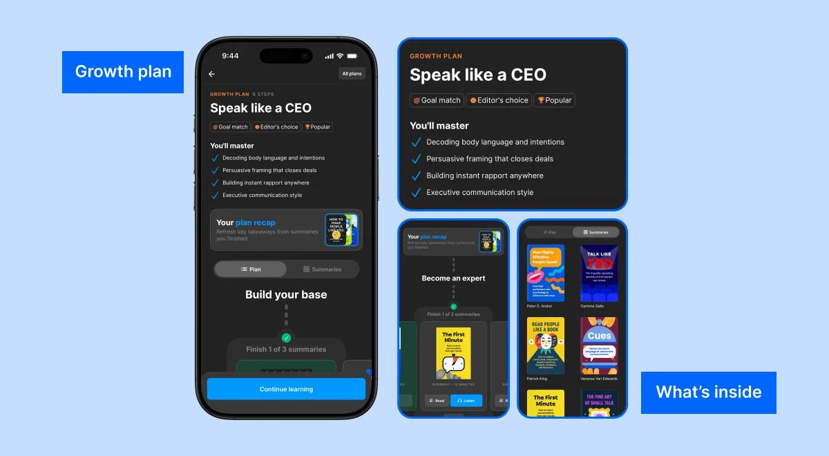 Headway app screens showing the Speak like a CEO leader growth plan with executive communication skills checklist, book summaries, and a Continue Learning button on a light blue background