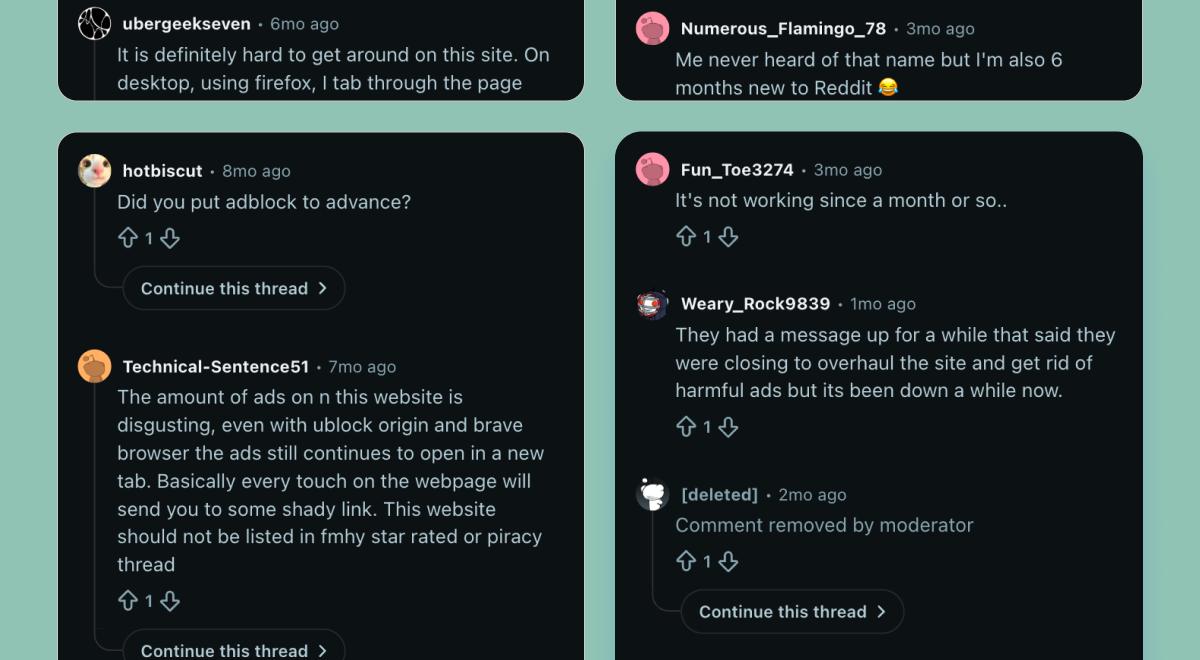 Reddit user comments in a tokybook review discussing website navigation issues, intrusive ads, and site downtime, shown in dark mode cards against a green background