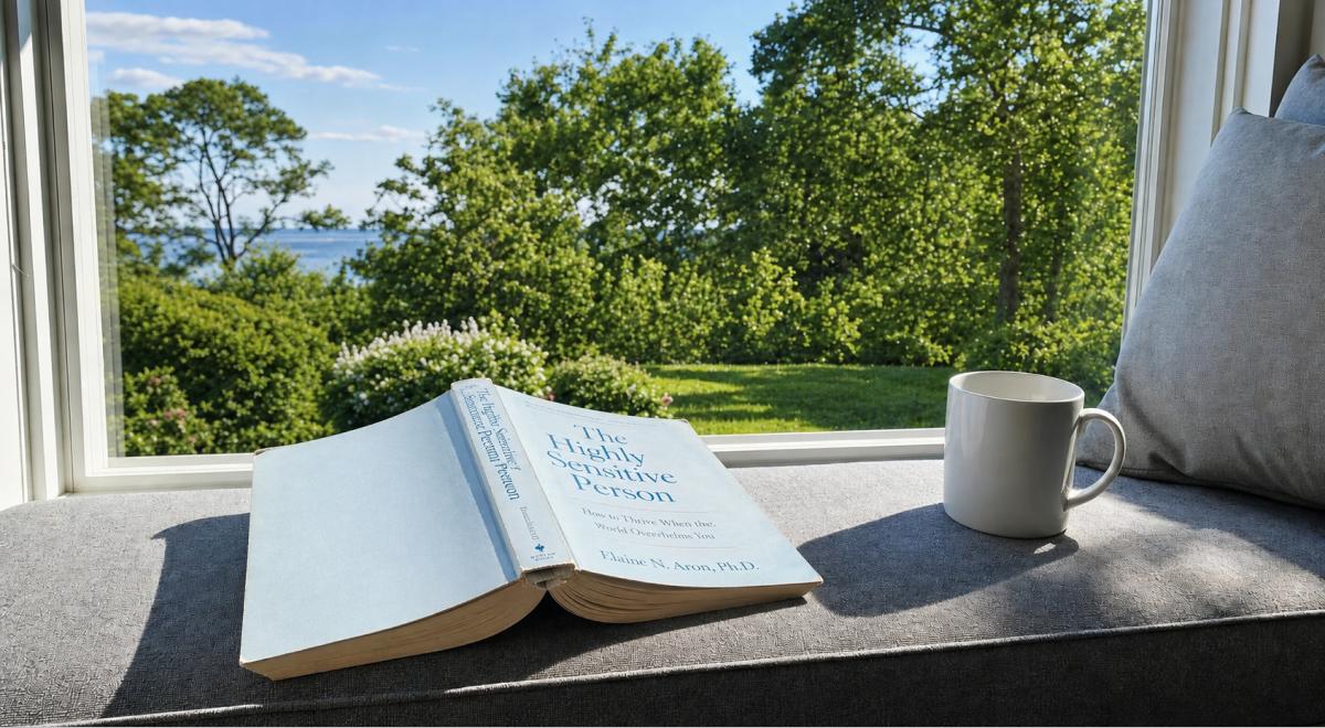 The Highly Sensitive Person by Elaine N Aron, one of the best books for introverts, resting open on a gray window seat beside a white mug with a sunlit view of green trees and sea
