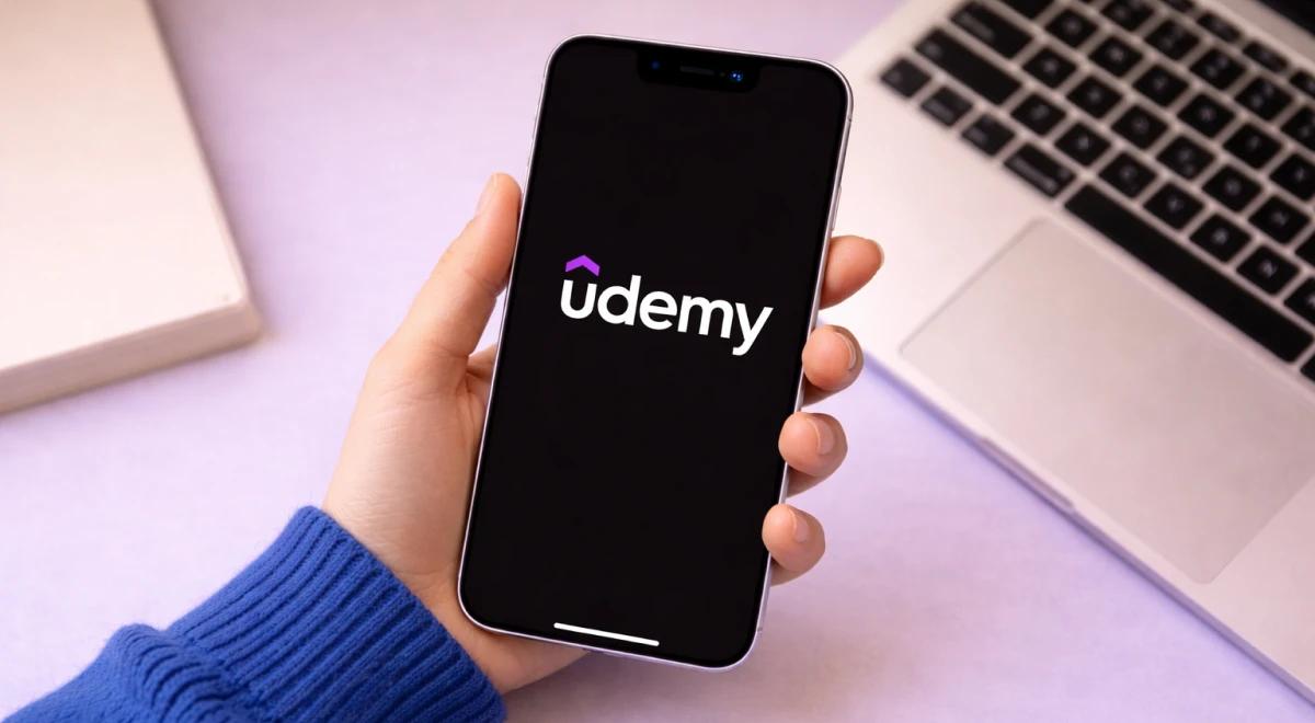 Hand holding a smartphone with the Udemy app logo on screen, laptop keyboard and notebook on a purple desk in the background