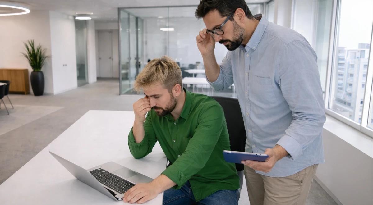 Two men in a modern office — seated employee in green shirt looking stressed at laptop while micromanaging boss in glasses stands over him holding a tablet