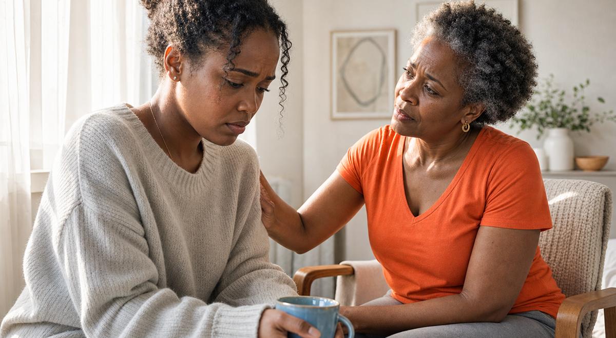 Older woman in an orange shirt comforts a distressed younger woman holding a blue mug, offering support during emotional distress and trauma blocking in a bright living room