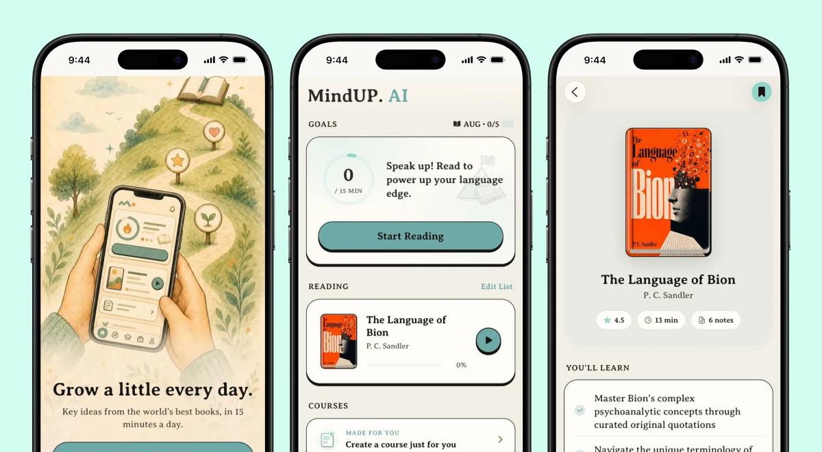 Three iPhone screens from the MindUP app review showing an illustrated onboarding page, a home dashboard with reading goals and courses, and a detail page for The Language of Bion by P C Sandler