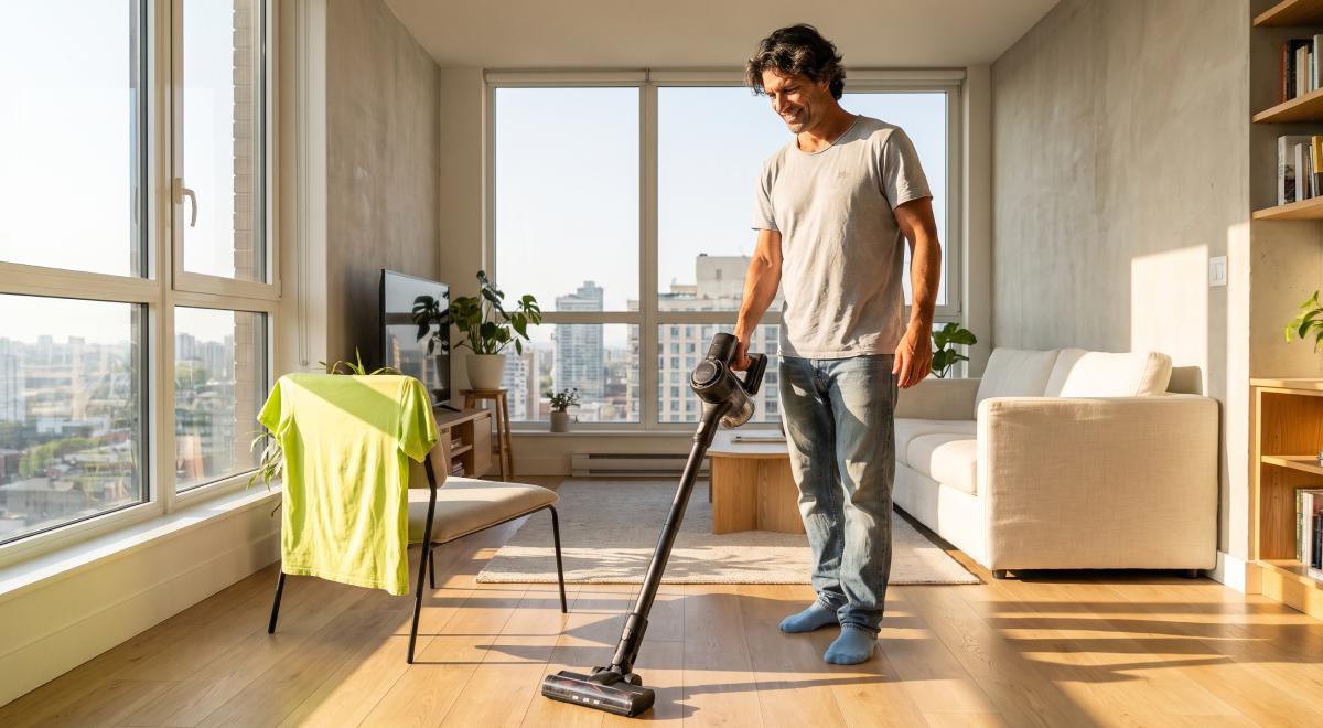 Smiling man in a t-shirt and jeans vacuuming the wooden floor of a bright modern apartment with city views, illustrating how to overcome procrastination by tackling everyday household chores