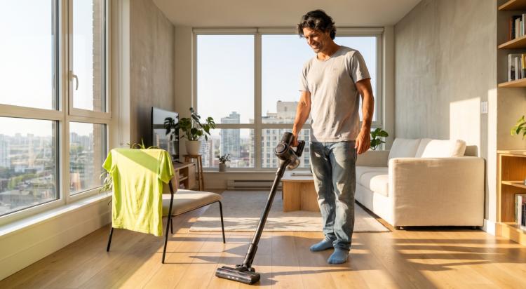 Smiling man in a t-shirt and jeans vacuuming the wooden floor of a bright modern apartment with city views, illustrating how to overcome procrastination by tackling everyday household chores