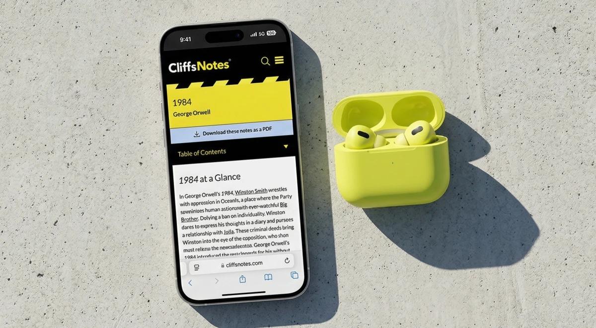 Smartphone displaying CliffsNotes study guide for 1984 by George Orwell beside open lime-green AirPods case on gray concrete surface
