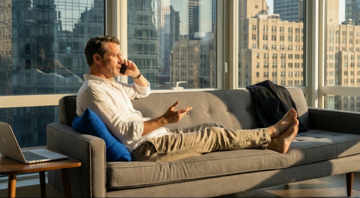 Man in a white shirt talking on the phone while relaxing on a gray sofa with a laptop nearby and a city skyline visible through large windows