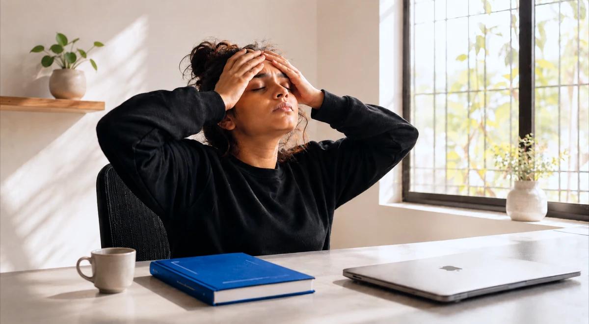 Stressed young woman in black top holding her head at a desk with a laptop and blue book by a sunny window, representing reading difficulties and ADHD frustration