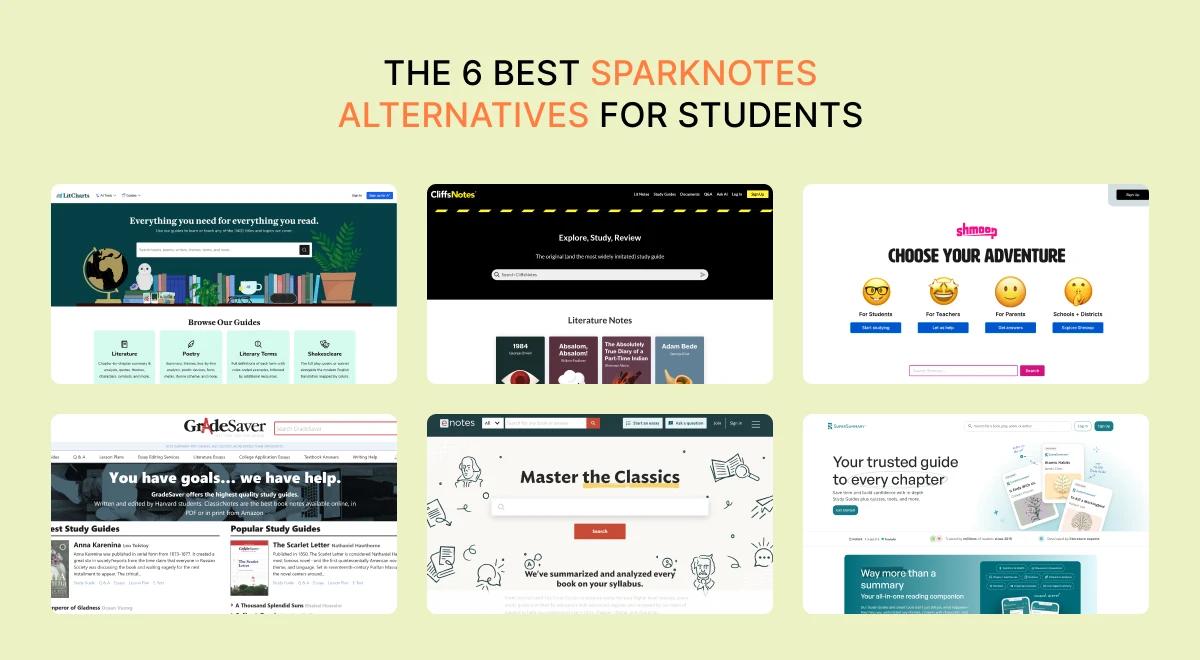 Illustrated grid showcasing six best SparkNotes alternatives for students, featuring screenshots of study guide websites on a light green background