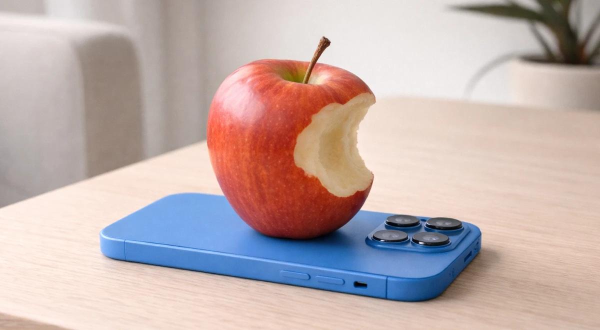 Blue iPhone on a wooden table with a red apple leaning against it, microlearning platform concept on light background