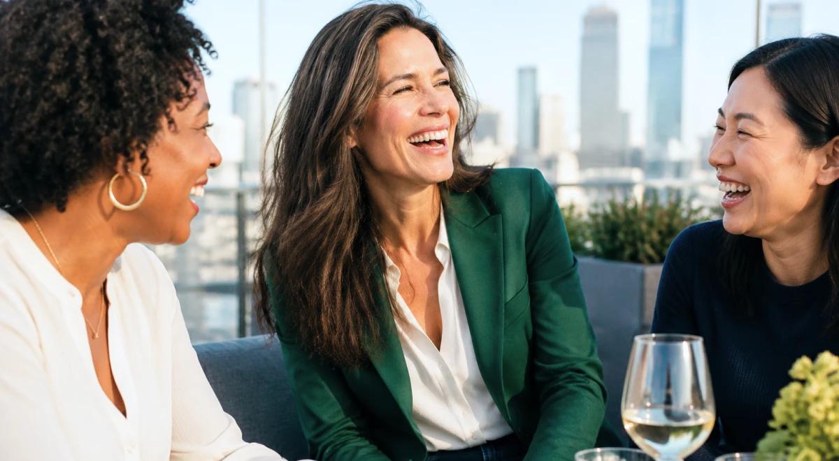 Three women laughing together on a rooftop terrace with a city skyline in the background, one holding a wine glass, radiating joy and positive energy