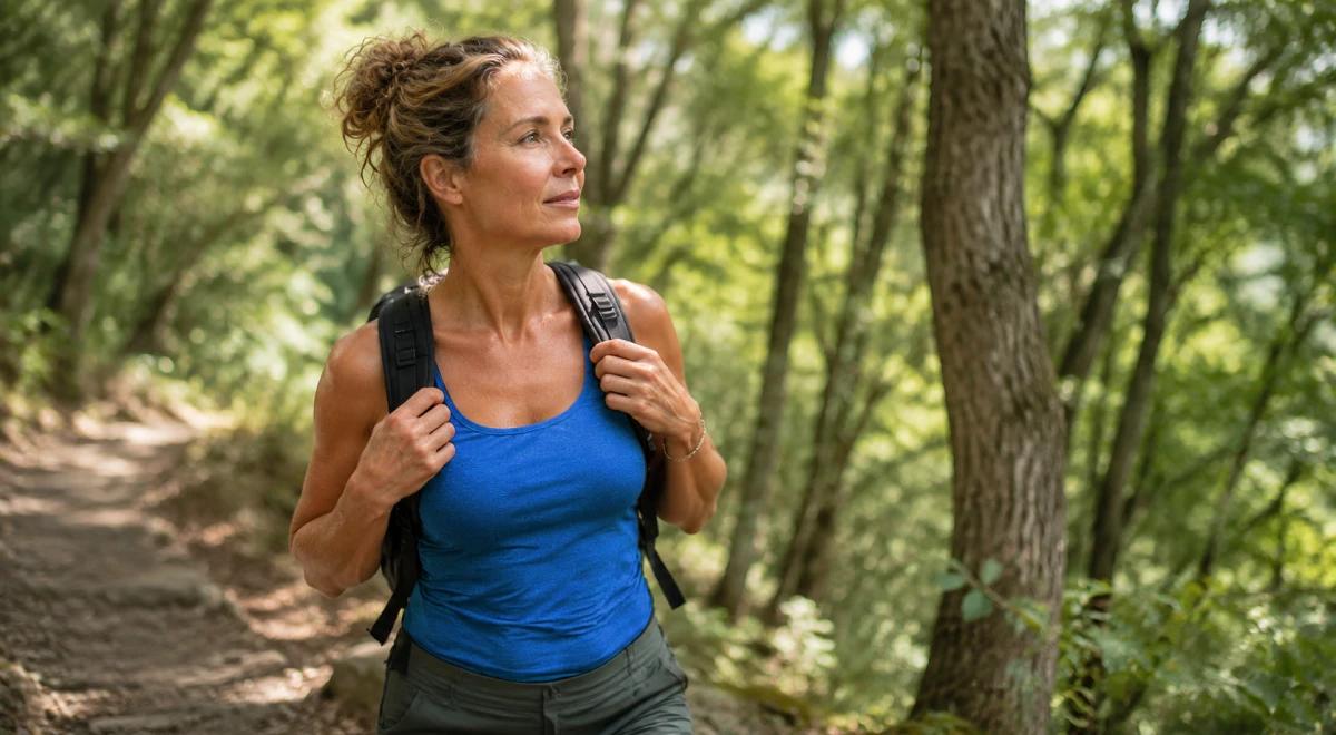 Woman in a blue tank top with a backpack hiking on a forest trail surrounded by green trees, enjoying an outdoor mental reset activity