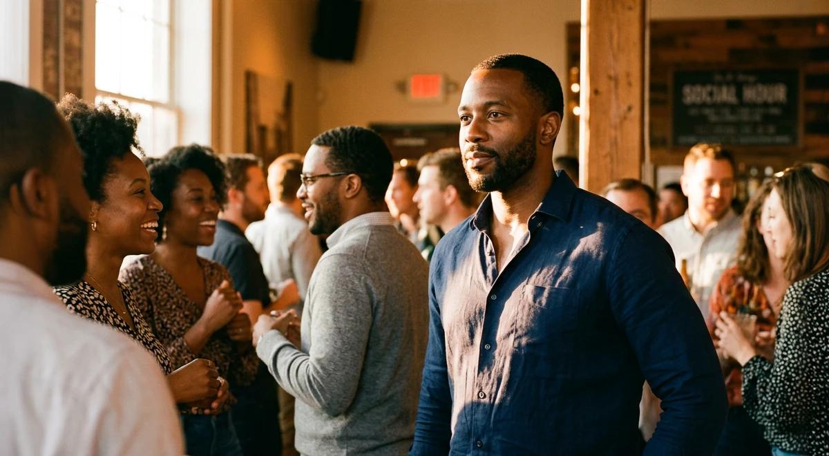 Confident man in a navy shirt standing at a crowded social gathering, surrounded by people talking and laughing, illustrating how to be charming in social settings
