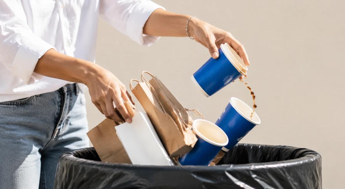 Woman in white shirt pouring leftover coffee into a trash bin and discarding cups and bags, setting boundaries by throwing away unwanted items