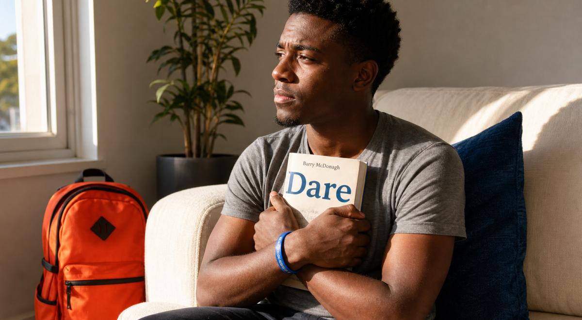 Young man in a grey shirt clutching Dare by Barry McDonagh, one of the popular books about anxiety, while sitting on a sofa beside a plant and orange backpack