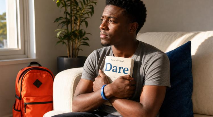 Young man in a grey shirt clutching Dare by Barry McDonagh, one of the popular books about anxiety, while sitting on a sofa beside a plant and orange backpack