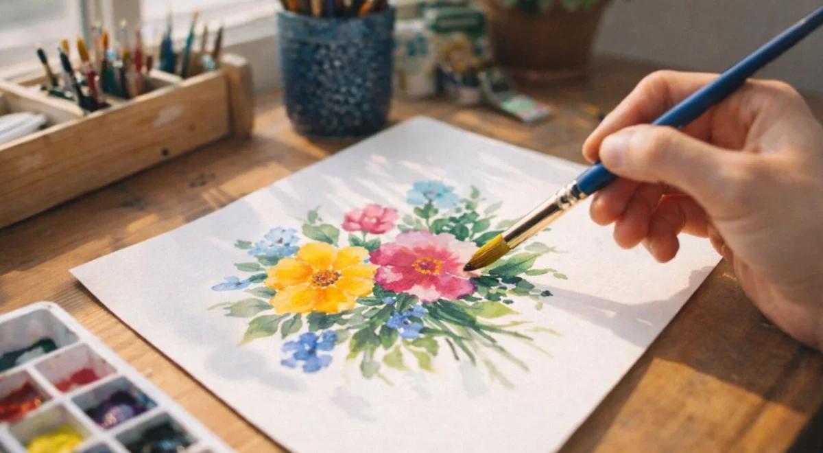 Hand painting colorful watercolor flowers on white paper at a wooden desk with brushes and a paint palette nearby, illustrating creative habit-building and growth mindset