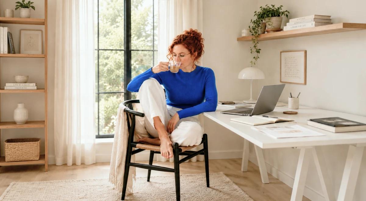 Redhead woman in a blue sweater sitting relaxed in a Scandinavian-style home office with a laptop and plants, embodying a peaceful and non-anxious daily routine
