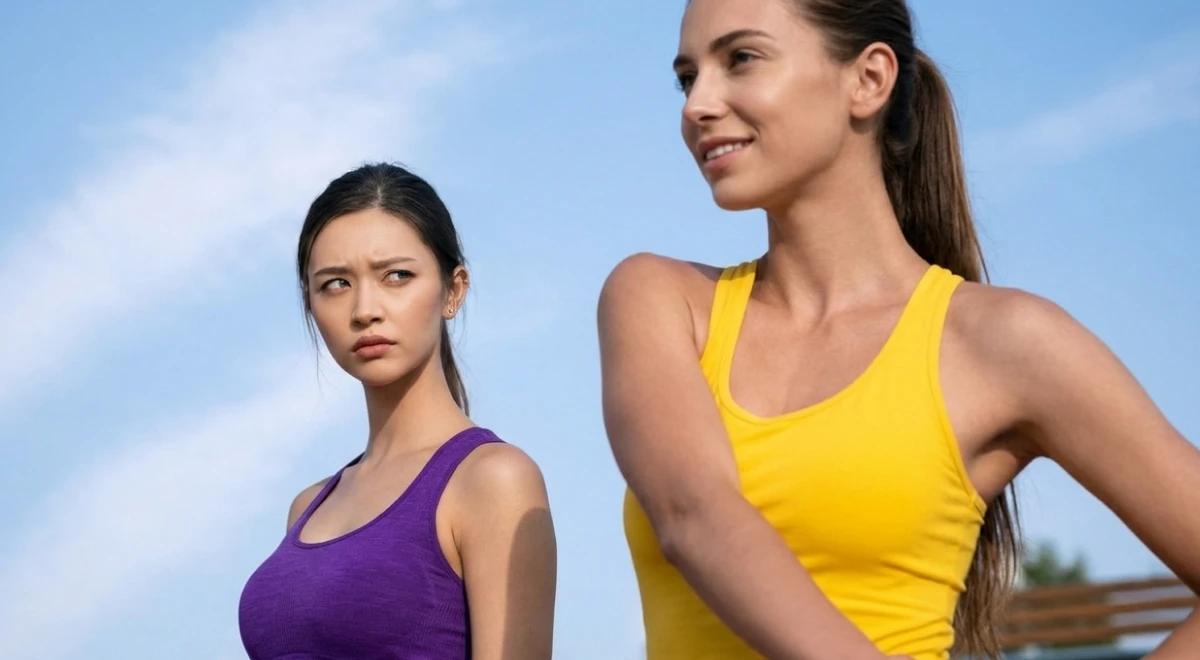 Two women in athletic wear outdoors against a blue sky, one glancing enviously at the other with a circular profile photo overlay, illustrating the habit of comparing yourself to others