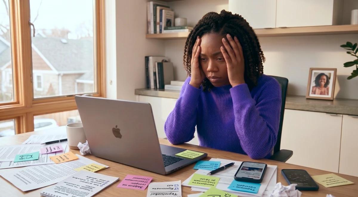 Stressed Black woman in a purple sweater holding her head in hands in front of an Apple MacBook surrounded by colorful sticky notes, crumpled papers, and a phone on a cluttered desk, showing the effec