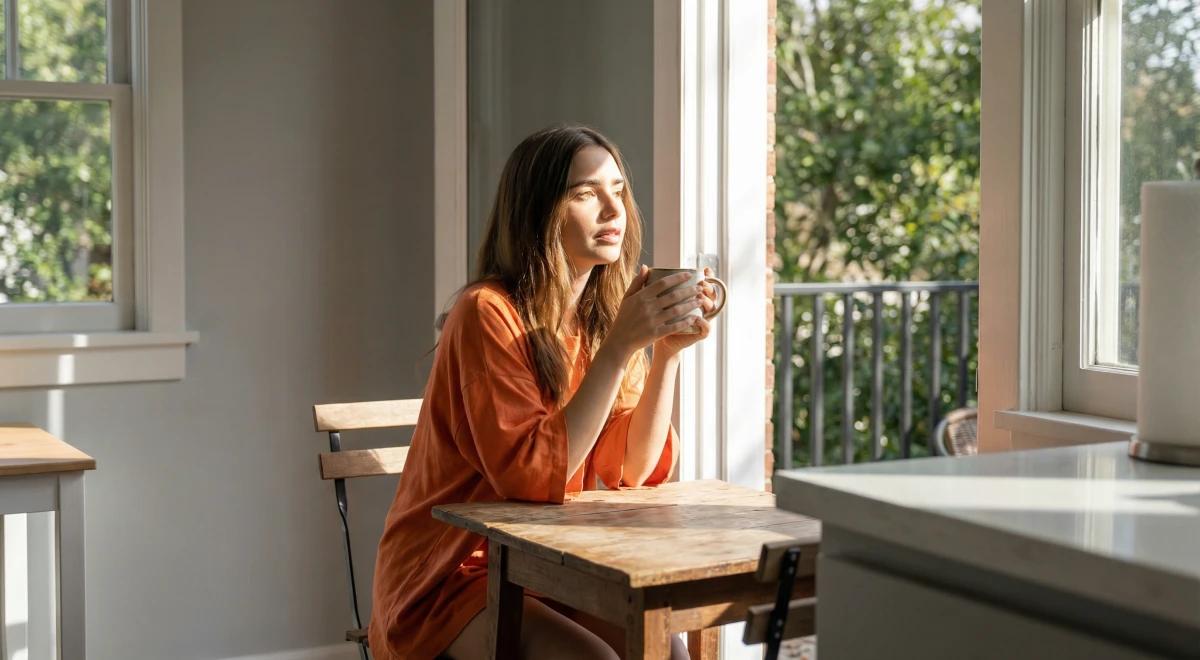 Woman in an orange blouse sitting at a wooden table by a sunny window, holding a coffee cup and gazing outside as part of a calm consistent morning routine