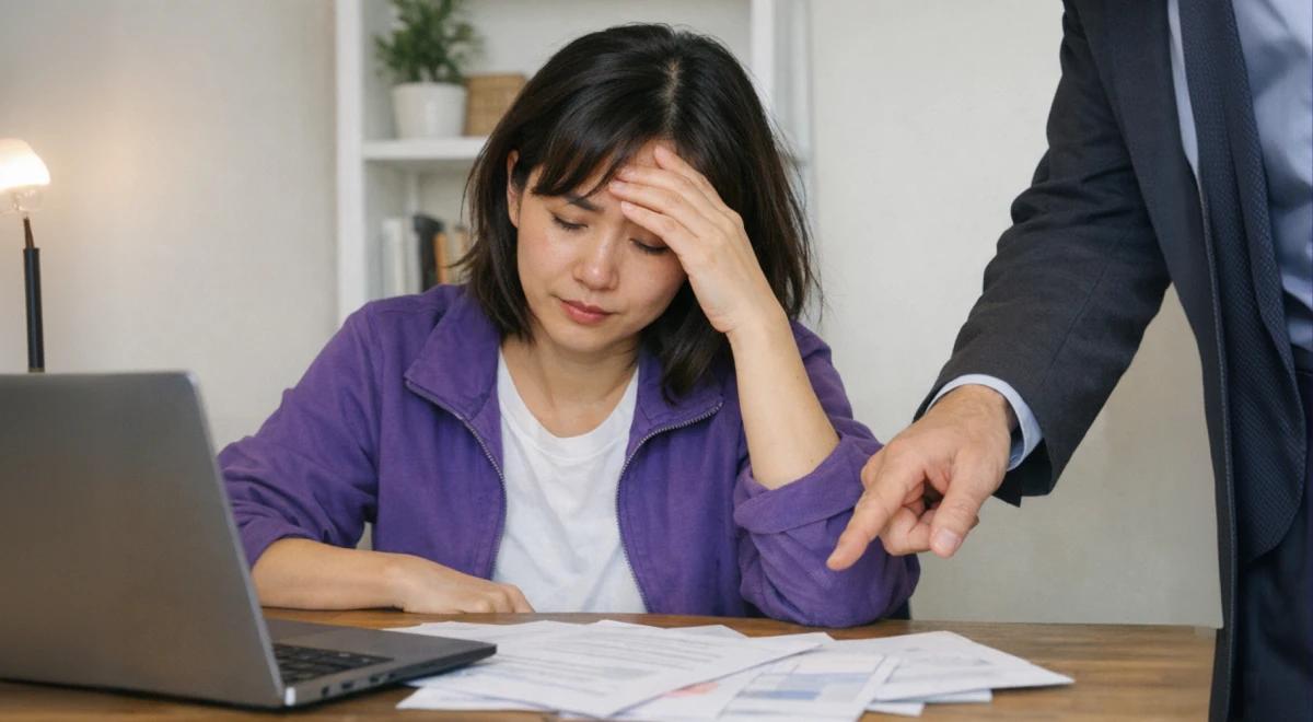 _Stressed woman in purple jacket holding her head at a desk with a laptop and papers while a man in a suit points at her work, depicting micromanagement and work bullying effects on worker mental heal