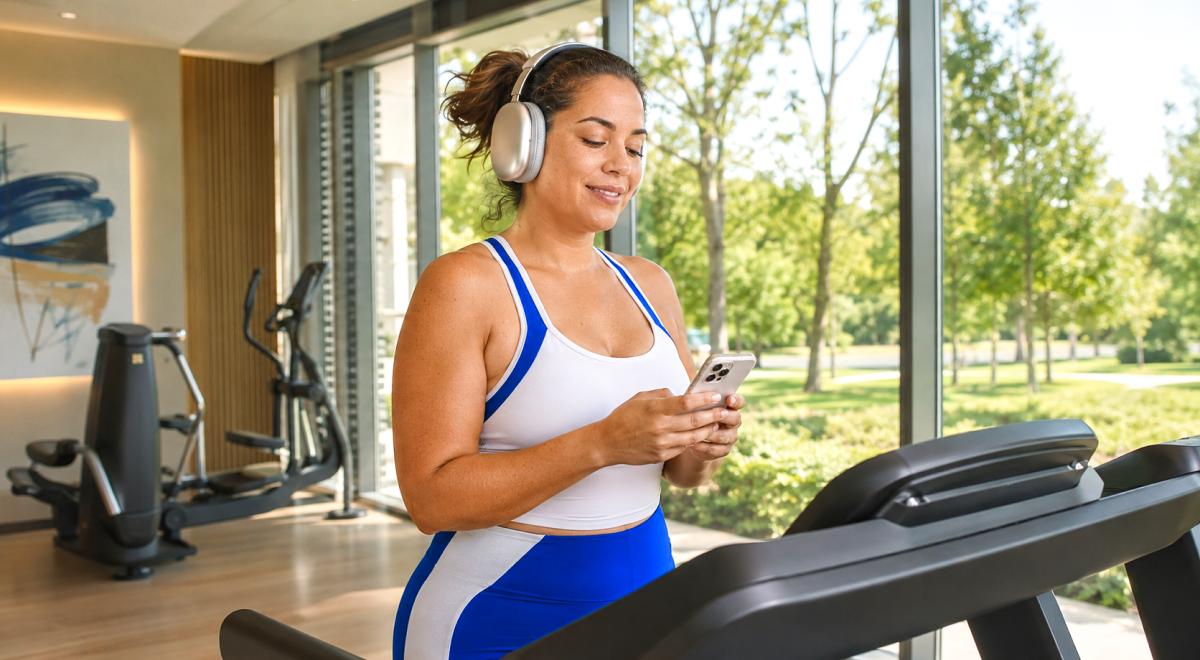 Mujer con auriculares usando su smartphone en una cinta de correr en un gimnasio moderno con ventanales y vistas a árboles