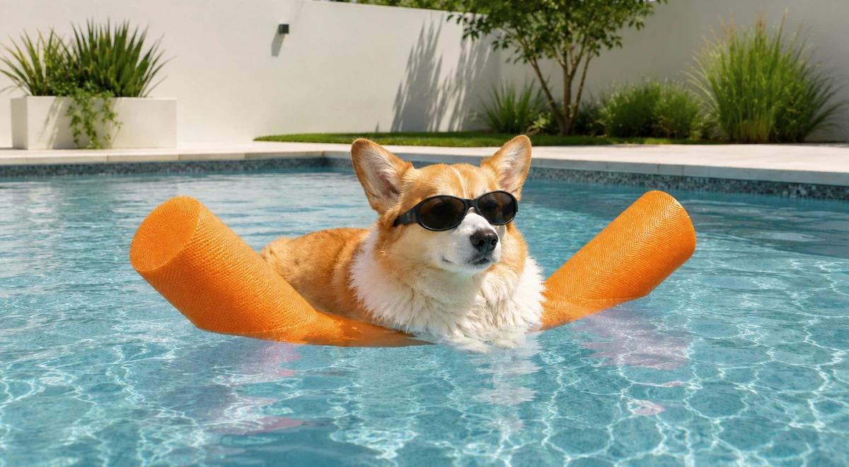 Happy corgi dog wearing sunglasses floating on an orange pool noodle in a sunny backyard swimming pool