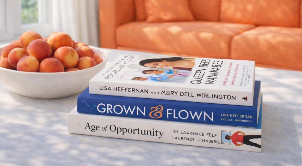 Stack of three parenting books — Queen Bees and Wannabes, Grown & Flown, and Age of Opportunity — on a table with a bowl of peaches and orange sofa in the background