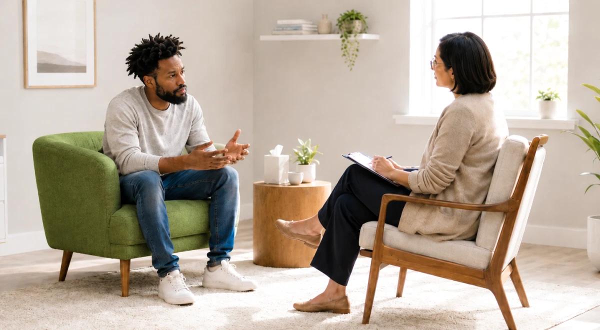 Young Black man sitting on a green armchair talking to a female therapist in a bright modern office, representing therapy and emotional support after a break up