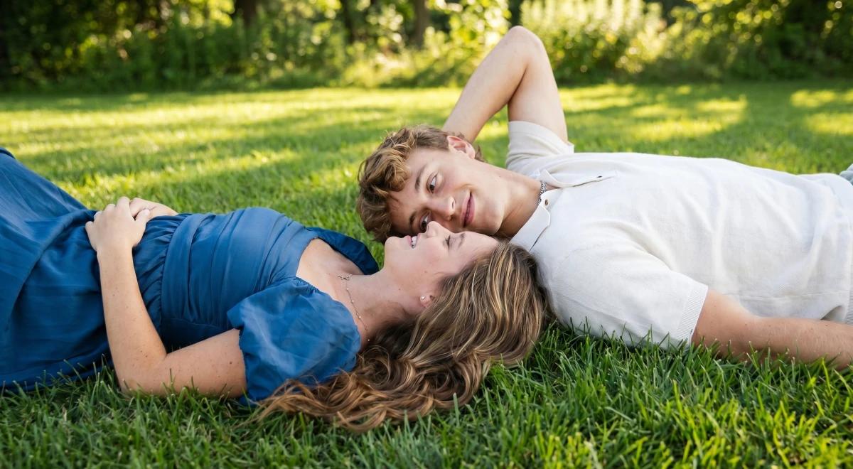 Young couple lying on green grass face to face in a romantic moment, woman in a blue dress and man in a white shirt, with lush green trees in the background
