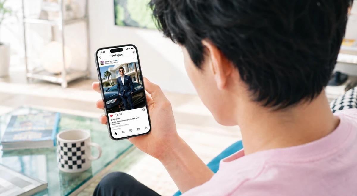 Young Asian man in a pink shirt looking at an Instagram profile on his iPhone while sitting on a sofa, representing social media impact on self-esteem