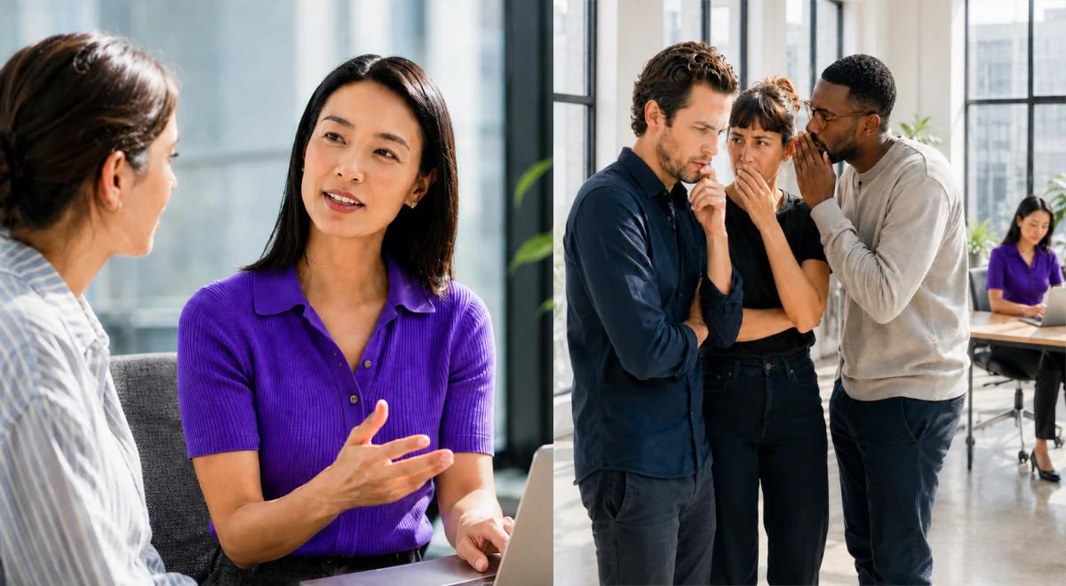 Woman in a purple top speaking confidently to colleagues in a modern office, while another group listens and discusses nearby, illustrating emotional intelligence in the workplace