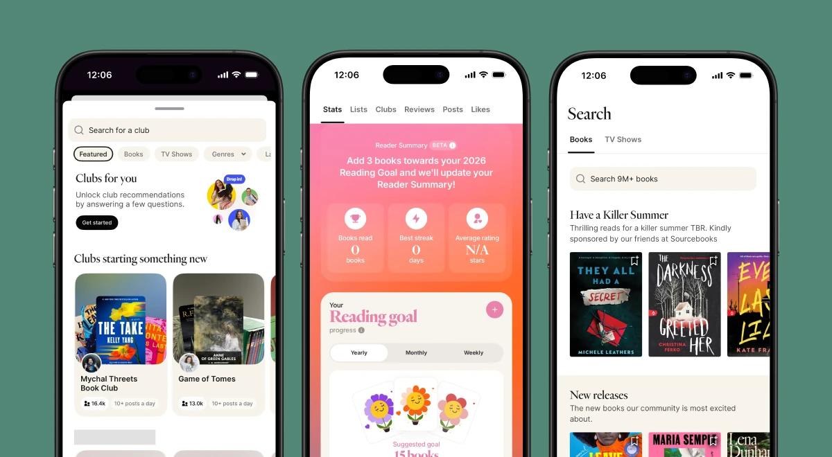 Three smartphones side by side showing different Fable app screens including Clubs, Reading Goal, and Book Search features against a teal background