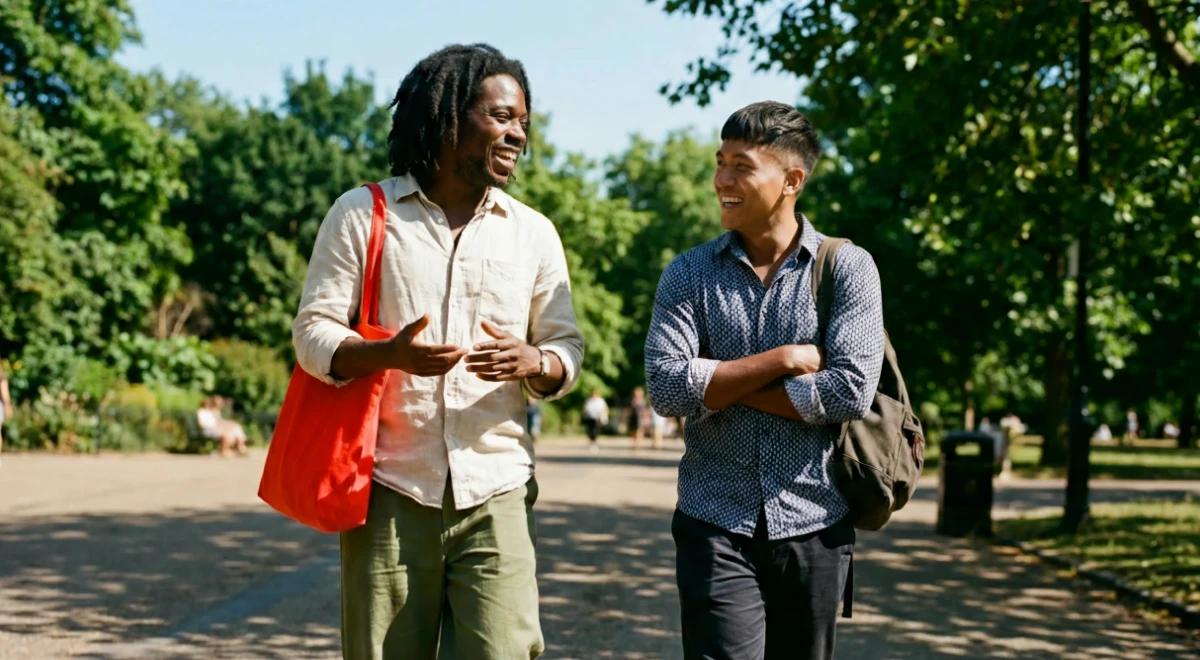 Two young men smiling and talking while walking through a sunny green park, illustrating friendship and storytelling themes from All the Colors of the Dark