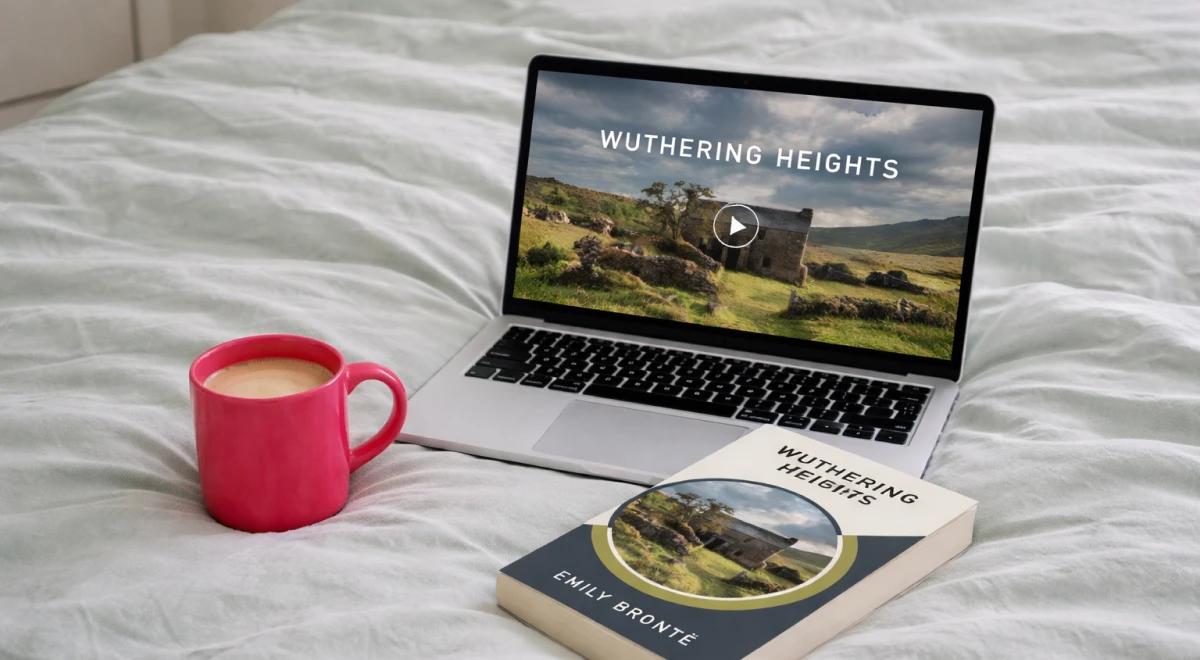 Wuthering Heights book by Emily Brontë and a laptop displaying the novel's video on a white bed beside a pink coffee mug — a cozy reading recommendations setup