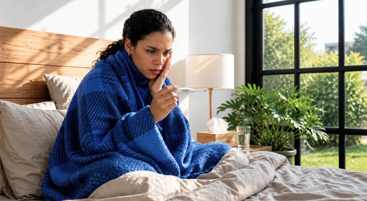 Young woman wrapped in a blue blanket sitting in bed checking a thermometer with a concerned look, feeling hyperaware of physical symptoms in a sunlit bedroom with large windows and green plants outsi