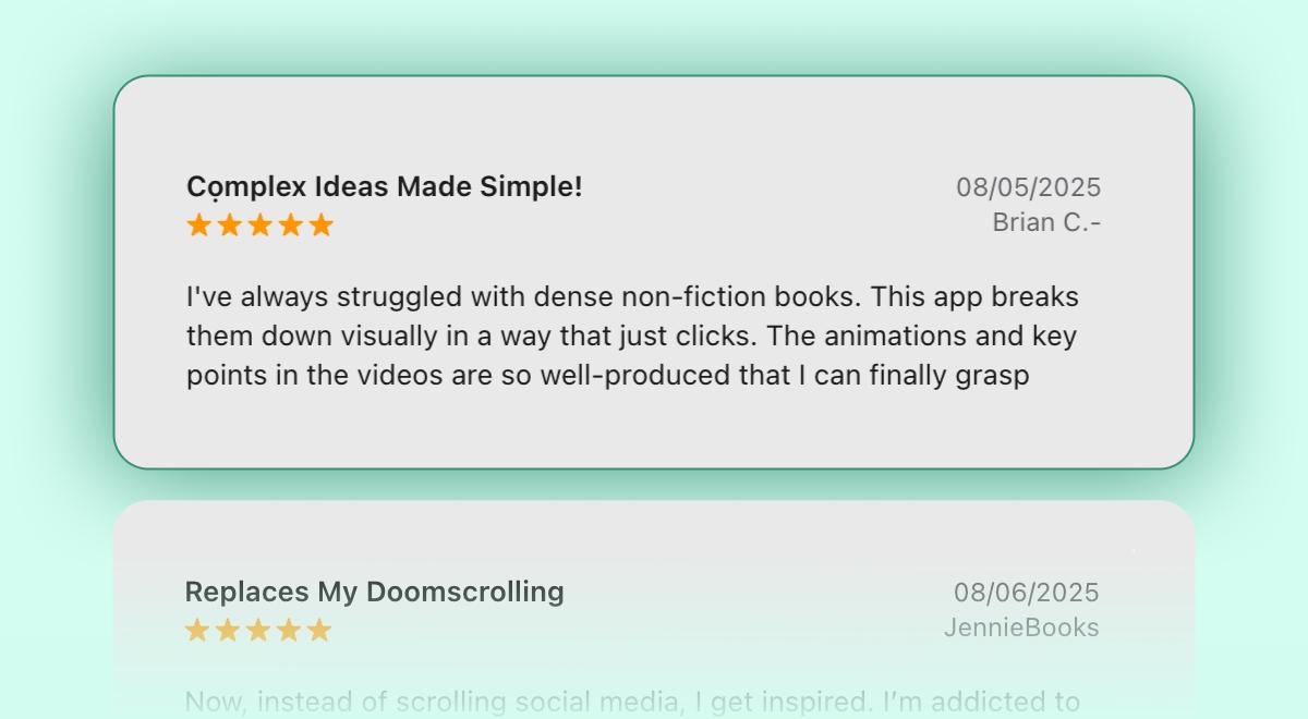 Five-star MindUp app review titled Complex Ideas Made Simple by Brian C, praising visual breakdowns and animations, shown on a mint green background with a second review below