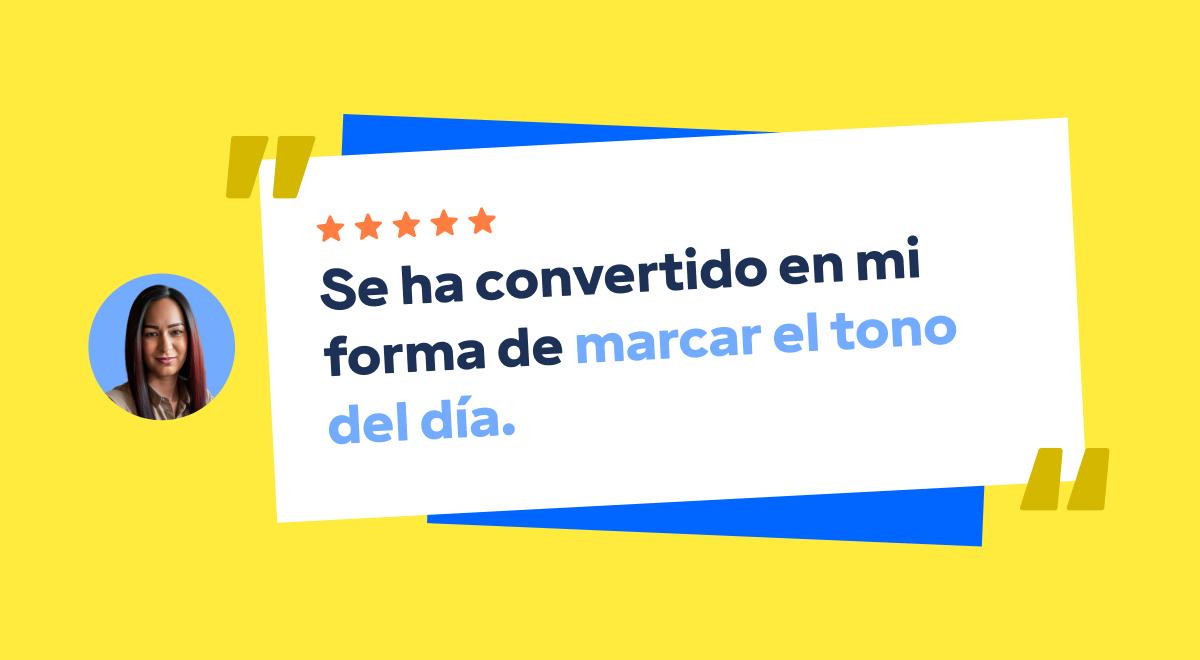 Reseña de la aplicación Headway con cinco estrellas y foto de una mujer sonriente sobre fondo amarillo, destacando cómo marca el tono del día