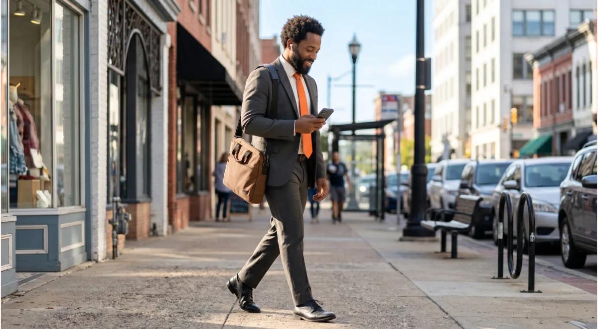 Black businessman in gray suit and orange tie walking on city sidewalk while using smartphone, carrying brown leather bag, business podcast