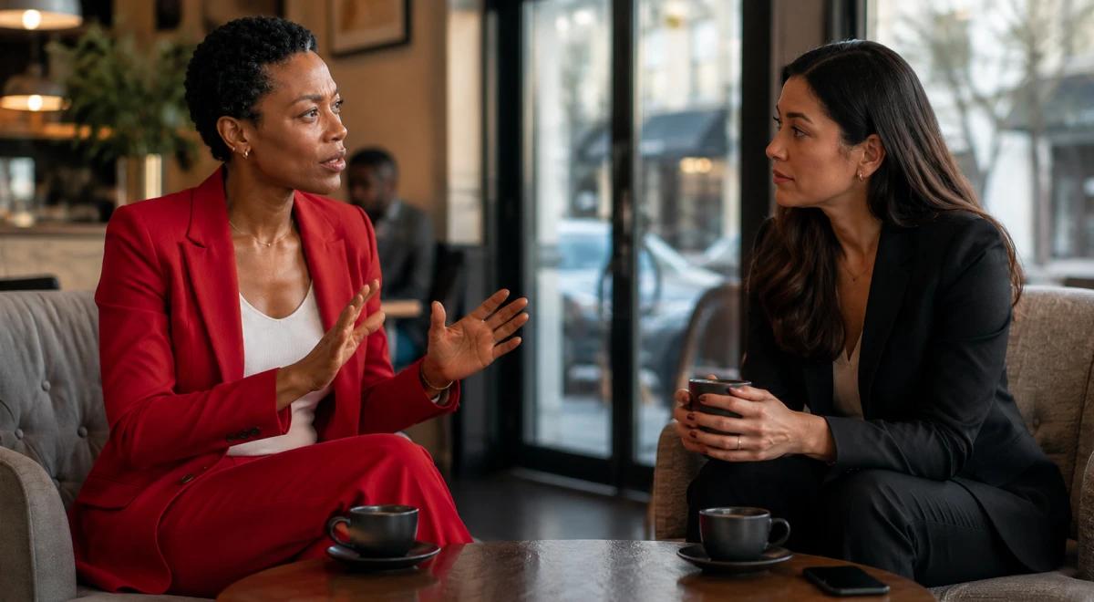 Two professional women in suits having a focused conversation over coffee at a cafe table, with one in red gesturing expressively, illustrating self-respect and assertive communication in a business s