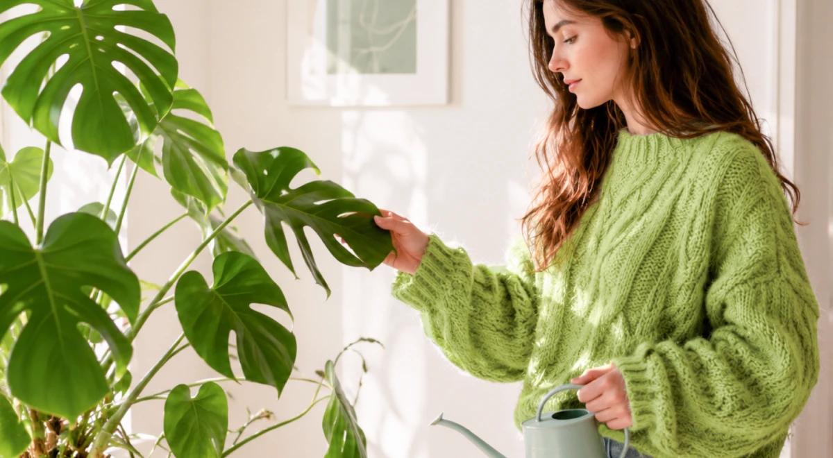 Young woman in a green knit sweater tending to a large monstera plant in a bright white room with natural light