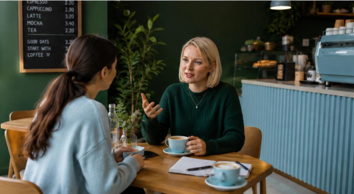 Two women having a one-on-one conversation over coffee at a café table with a chalkboard menu and coffee machine in the background