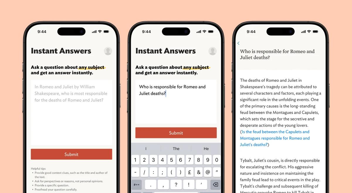 Three eNotes microlearning app screens displaying the Instant Answers feature with a Romeo and Juliet question being typed and a detailed AI-generated response shown
